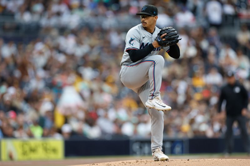 May 28, 2024; San Diego, California, USA; Miami Marlins starting pitcher Jesus Luzardo (44) throws a pitch during the first inning against the San Diego Padres at Petco Park. Mandatory Credit: David Frerker-USA TODAY Sports