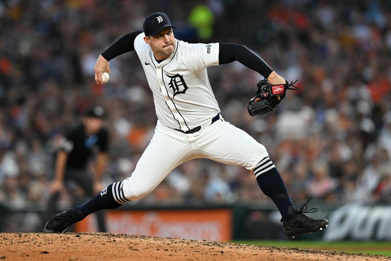 Jun 29, 2025; Detroit, Michigan, USA; Detroit Tigers pitcher Tommy Kahnle (43) throws a pitch against the Minnesota Twins in the eighth inning at Comerica Park. Mandatory Credit: Lon Horwedel-Imagn Images