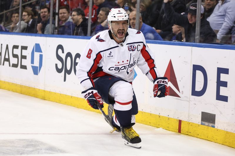 Mar 5, 2025; New York, New York, USA;  Washington Capitals left wing Alex Ovechkin (8) celebrates after scoring a goal in the third period against the New York Rangers at Madison Square Garden. Mandatory Credit: Wendell Cruz-Imagn Images