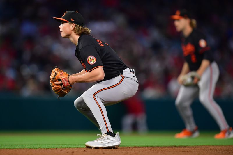 Apr 23, 2024; Anaheim, California, USA; Baltimore Orioles second baseman Jackson Holliday (7) in position against the Los Angeles Angels during the fourth inning at Angel Stadium. Mandatory Credit: Gary A. Vasquez-USA TODAY Sports