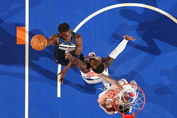 NEW YORK, NY - JANUARY 1: Anthony Edwards #5 of the Minnesota Timberwolves drives to the basket during the game against the New York Knicks on January 1, 2024 at Madison Square Garden in New York City, New York.  NOTE TO USER: User expressly acknowledges and agrees that, by downloading and or using this photograph, User is consenting to the terms and conditions of the Getty Images License Agreement. Mandatory Copyright Notice: Copyright 2024 NBAE  (Photo by Nathaniel S. Butler/NBAE via Getty Images)