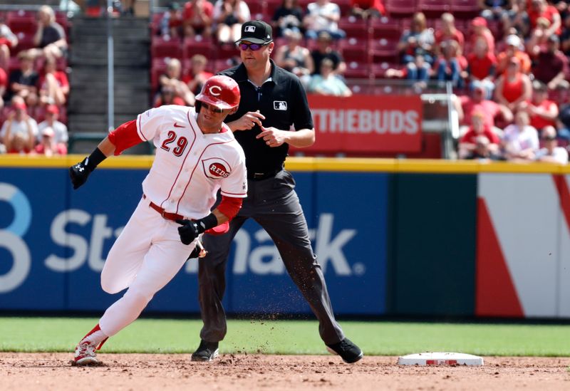 Sep 10, 2023; Cincinnati, Ohio, USA; Cincinnati Reds center fielder TJ Friedl (29) runs to third after hitting a triple against the St. Louis Cardinals during the sixth inning at Great American Ball Park. Mandatory Credit: David Kohl-USA TODAY Sports