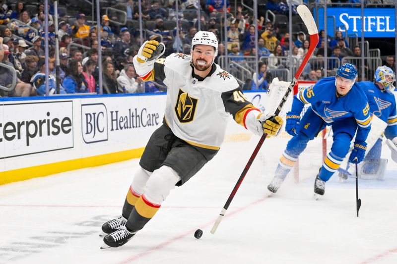 Nov 15, 2025; St. Louis, Missouri, USA; Vegas Golden Knights center Tomas Hertl (48) reacts after scoring a goal against the St. Louis Blues during the third period at Enterprise Center. Mandatory Credit: Jeff Curry-Imagn Images