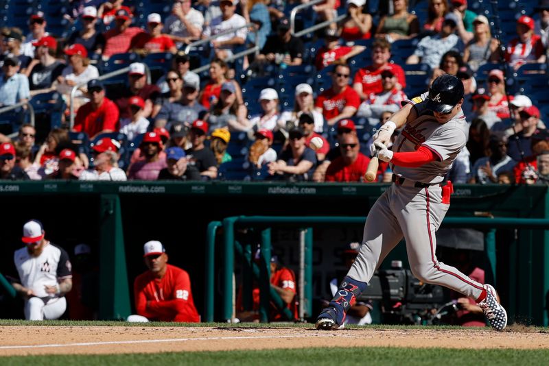 Jun 9, 2024; Washington, District of Columbia, USA; Atlanta Braves left fielder Jarred Kelenic (24) hits a three run home run against the Washington Nationals during the ninth inning at Nationals Park. Mandatory Credit: Geoff Burke-USA TODAY Sports