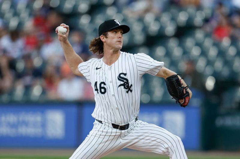 Jun 6, 2024; Chicago, Illinois, USA; Chicago White Sox starting pitcher Jake Woodford (46) delivers a pitch against the Boston Red Sox during the first inning at Guaranteed Rate Field. Mandatory Credit: Kamil Krzaczynski-USA TODAY Sports