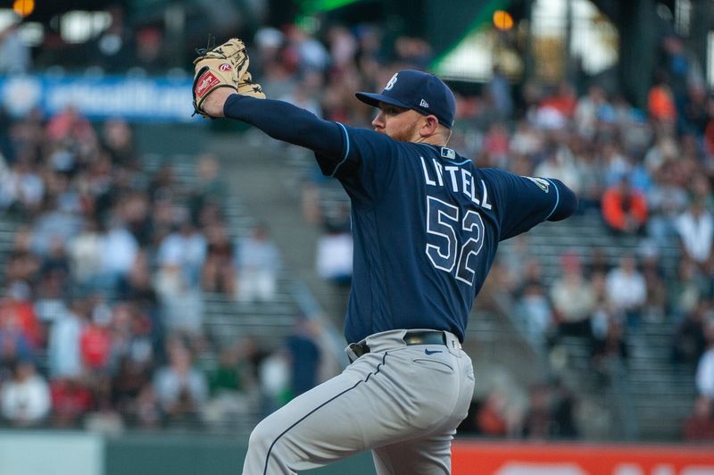 Aug 15, 2023; San Francisco, California, USA;  Tampa Bay Rays relief pitcher Zack Littell (52) throws a pitch during the first inning against the San Francisco Giants at Oracle Park. Mandatory Credit: Ed Szczepanski-USA TODAY Sports