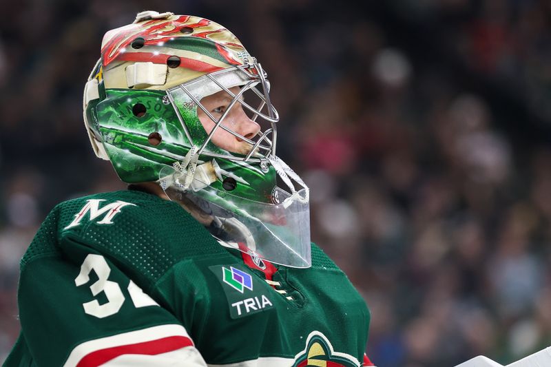 Apr 3, 2023; Saint Paul, Minnesota, USA; Vegas Golden Knights goaltender Jonathan Quick (32) looks on during the first period against the Vegas Golden Knights at Xcel Energy Center. Mandatory Credit: Matt Krohn-USA TODAY Sports