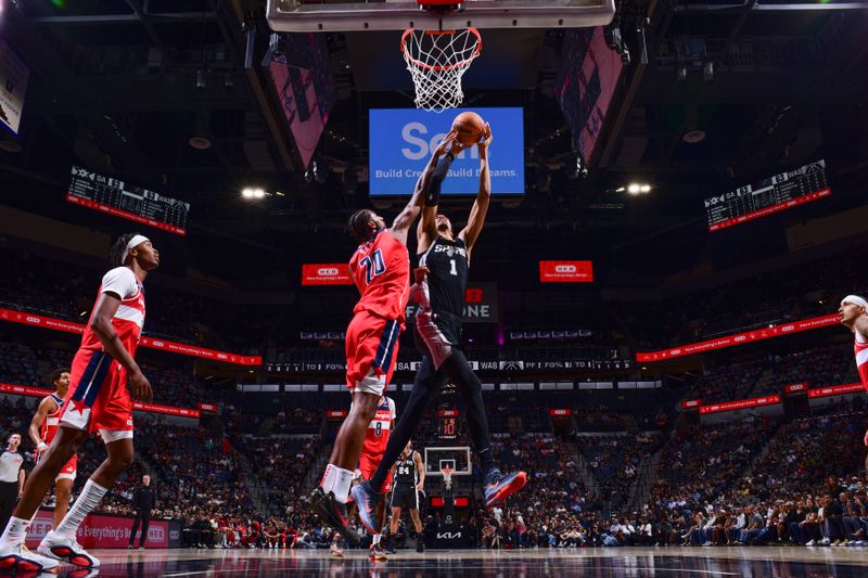 SAN ANTONIO, TX - NOVEMBER 13: Victor Wembanyama #1 of the San Antonio Spurs shoots the ball during the game against the Washington Wizards on November 13, 2024 at the Frost Bank Center in San Antonio, Texas. NOTE TO USER: User expressly acknowledges and agrees that, by downloading and or using this photograph, user is consenting to the terms and conditions of the Getty Images License Agreement. Mandatory Copyright Notice: Copyright 2024 NBAE (Photos byGarrett Ellwood/NBAE via Getty Images)