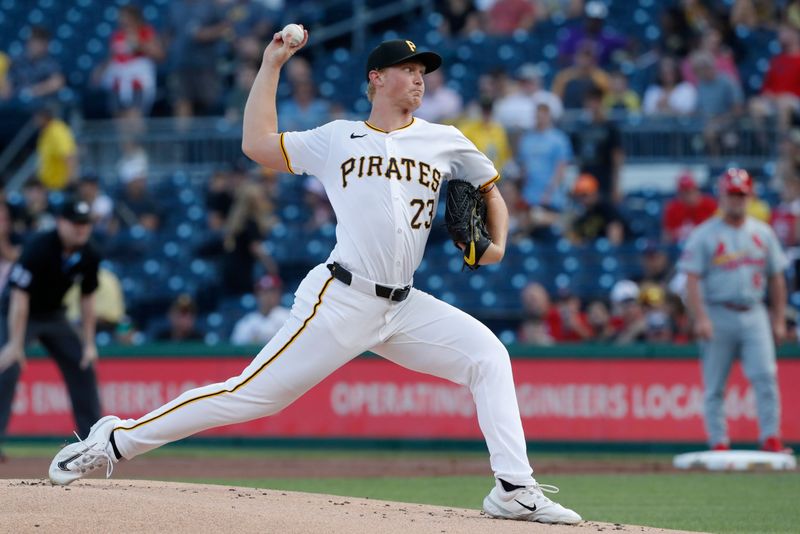 Jul 2, 2024; Pittsburgh, Pennsylvania, USA;  Pittsburgh Pirates starting pitcher Mitch Keller (23) delivers a pitch against the St. Louis Cardinals during the first inning at PNC Park. Mandatory Credit: Charles LeClaire-USA TODAY Sports