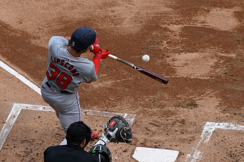 May 14, 2024; Chicago, Illinois, USA;  Washington Nationals third base Trey Lipscomb (38) singles against the Chicago White Sox during the second inning at Guaranteed Rate Field. Mandatory Credit: Matt Marton-USA TODAY Sports