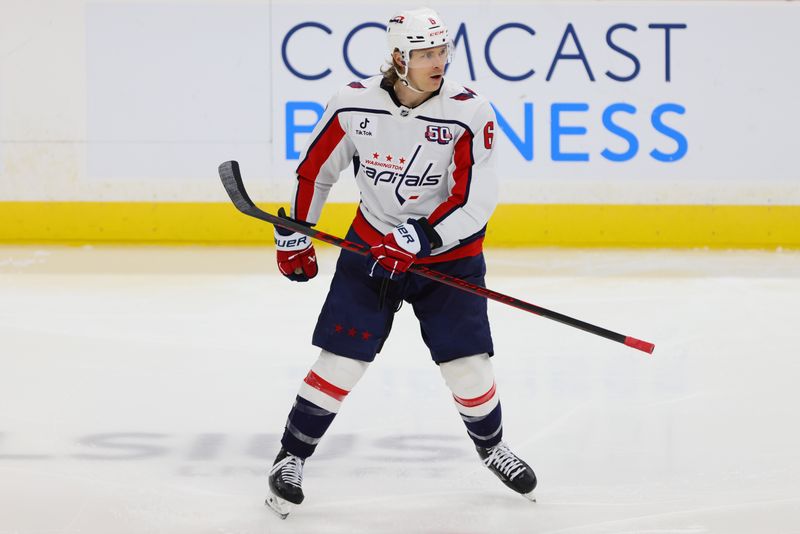 Nov 25, 2024; Sunrise, Florida, USA; Washington Capitals defenseman Jakob Chychrun (6) looks on after scoring against the Florida Panthers during the third period at Amerant Bank Arena. Mandatory Credit: Sam Navarro-Imagn Images