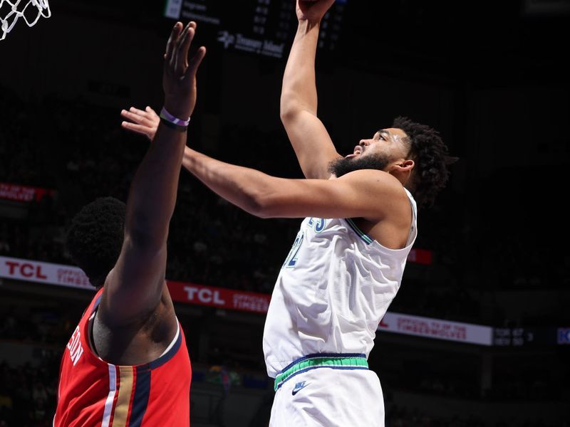MINNEAPOLIS, MN -  JANUARY 3: Karl-Anthony Towns #32 of the Minnesota Timberwolves shoots the ball during the game against the New Orleans Pelicans on January 3, 2024 at Target Center in Minneapolis, Minnesota. NOTE TO USER: User expressly acknowledges and agrees that, by downloading and or using this Photograph, user is consenting to the terms and conditions of the Getty Images License Agreement. Mandatory Copyright Notice: Copyright 2024 NBAE (Photo by David Sherman/NBAE via Getty Images)