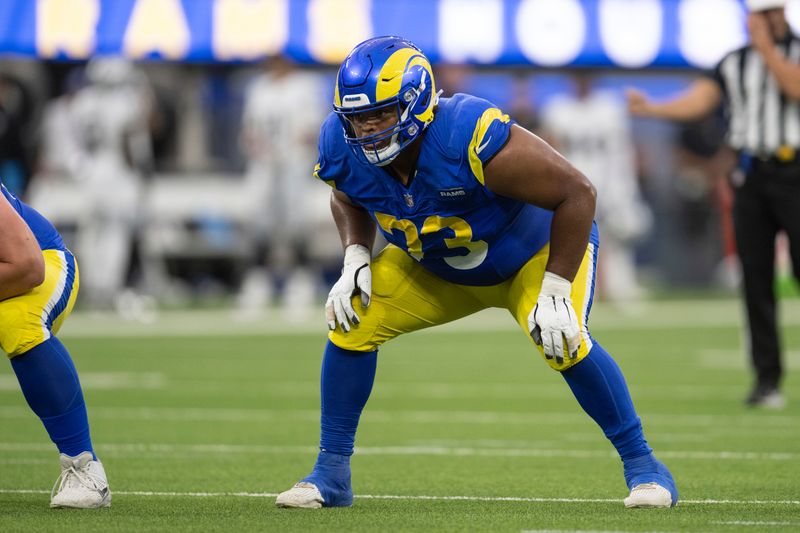 Los Angeles Rams guard Steve Avila (73) takes his stance during an NFL preseason football game against the Las Vegas Raiders, Saturday, Aug. 19, 2023, in Inglewood, Calif. (AP Photo/Kyusung Gong)