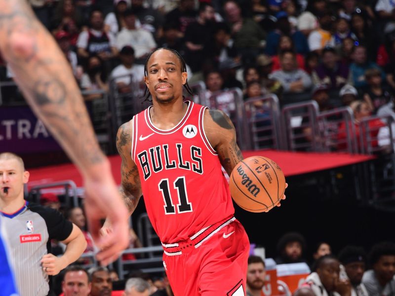 LOS ANGELES, CA - MARCH 9: DeMar DeRozan #11 of the Chicago Bulls dribbles the ball during the game against the LA Clippers on March 9, 2024 at Crypto.Com Arena in Los Angeles, California. NOTE TO USER: User expressly acknowledges and agrees that, by downloading and/or using this Photograph, user is consenting to the terms and conditions of the Getty Images License Agreement. Mandatory Copyright Notice: Copyright 2024 NBAE (Photo by Adam Pantozzi/NBAE via Getty Images)