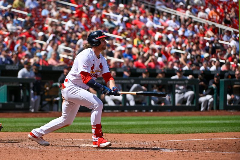 May 7, 2023; St. Louis, Missouri, USA;  St. Louis Cardinals left fielder Brendan Donovan (33) hits a three run home run against the Detroit Tigers during the sixth inning at Busch Stadium. Mandatory Credit: Jeff Curry-USA TODAY Sports