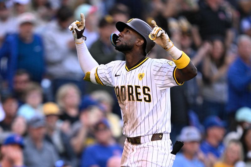 Apr 10, 2024; San Diego, California, USA; San Diego Padres left fielder Jurickson Profar (10) celebrates after hitting a two-run home run against the Chicago Cubs during the sixth inning at Petco Park. Mandatory Credit: Orlando Ramirez-USA TODAY Sports