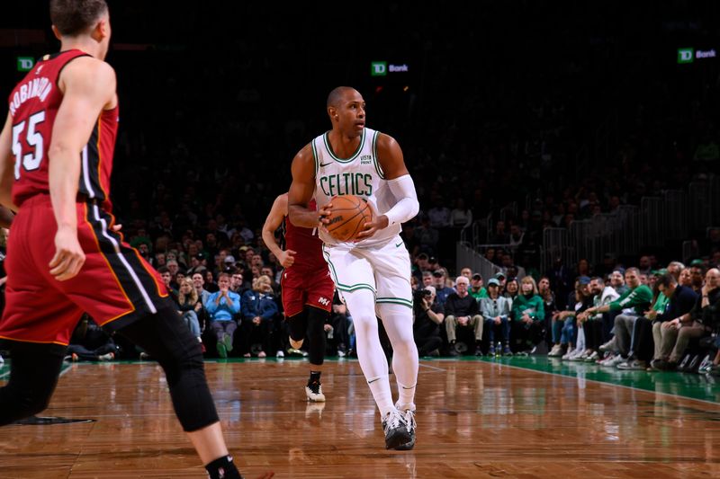 BOSTON, MA - APRIL 21: Al Horford #42 of the Boston Celtics handles the ball during the game against the Miami Heat during Round 1 Game 1 of the 2024 NBA Playoffs on April 21, 2024 at the TD Garden in Boston, Massachusetts. NOTE TO USER: User expressly acknowledges and agrees that, by downloading and or using this photograph, User is consenting to the terms and conditions of the Getty Images License Agreement. Mandatory Copyright Notice: Copyright 2024 NBAE  (Photo by Brian Babineau/NBAE via Getty Images)