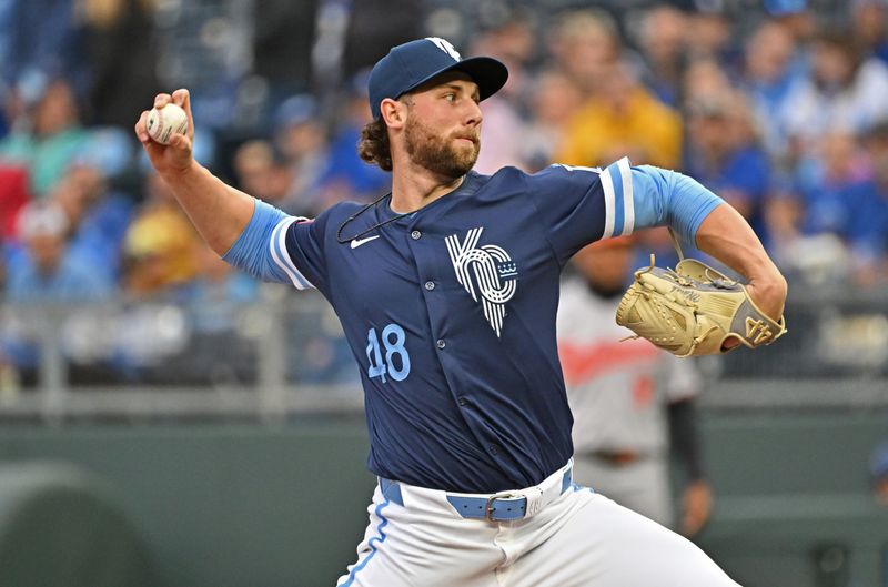 Apr 19, 2024; Kansas City, Missouri, USA; Kansas City Royals starting pitcher Alec Marsh (48) delivers a pitch in the first inning against the Baltimore Orioles at Kauffman Stadium. Mandatory Credit: Peter Aiken-USA TODAY Sports