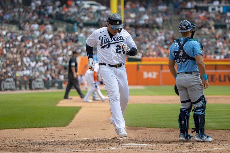 Aug 5, 2023; Detroit, Michigan, USA; Detroit Tigers designated hitter Miguel Cabrera (24) scores a run in the second inning against the Tampa Bay Rays at Comerica Park. Mandatory Credit: David Reginek-USA TODAY Sports