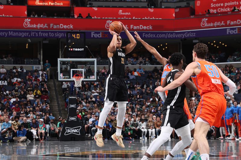 MEMPHIS, TN - MARCH 16:  Desmond Bane #22 of the Memphis Grizzlies shoots the ball during the game against the Oklahoma City Thunder on March 16, 2024 at FedExForum in Memphis, Tennessee. NOTE TO USER: User expressly acknowledges and agrees that, by downloading and or using this photograph, User is consenting to the terms and conditions of the Getty Images License Agreement. Mandatory Copyright Notice: Copyright 2024 NBAE (Photo by Joe Murphy/NBAE via Getty Images)