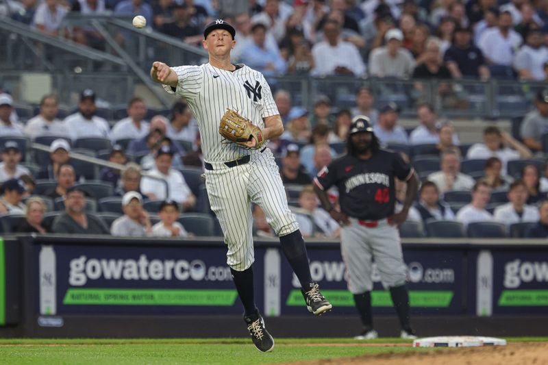 Jun 5, 2024; Bronx, New York, USA; New York Yankees third baseman DJ LeMahieu (26) throws the ball to first base for an out during the fourth inning against the Minnesota Twins at Yankee Stadium. Mandatory Credit: Vincent Carchietta-USA TODAY Sports