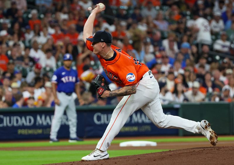 Jul 12, 2024; Houston, Texas, USA; Houston Astros starting pitcher Hunter Brown (58) pitches against the Texas Rangers in the first inning at Minute Maid Park. Mandatory Credit: Thomas Shea-USA TODAY Sports