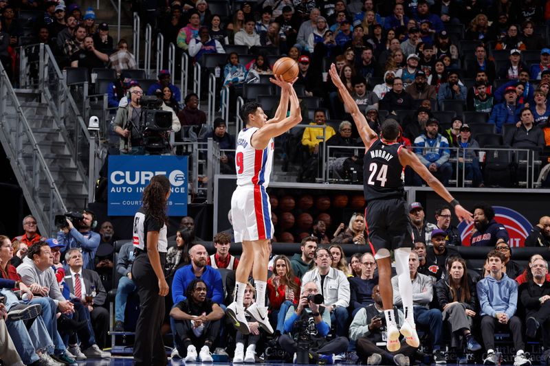 DETROIT, MI - JANUARY 06: Simone Fontecchio #19 of the Detroit Pistons shoots the ball during the game against the Portland Trail Blazers on January 06, 2025 at Little Caesars Arena in Detroit, Michigan. NOTE TO USER: User expressly acknowledges and agrees that, by downloading and/or using this photograph, User is consenting to the terms and conditions of the Getty Images License Agreement. Mandatory Copyright Notice: Copyright 2024 NBAE (Photo by Brian Sevald/NBAE via Getty Images)