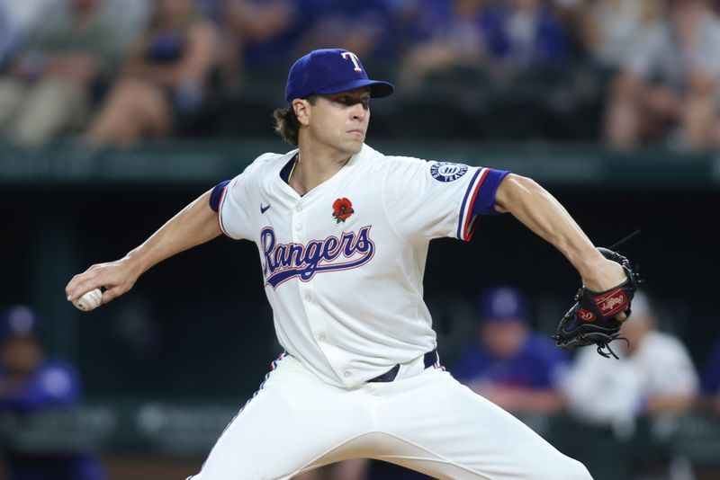 May 26, 2025; Arlington, Texas, USA; Texas Rangers pitcher Jacob deGrom (48) throws a pitch during the first inning against the Toronto Blue Jays at Globe Life Field. Mandatory Credit: Tim Heitman-Imagn Images