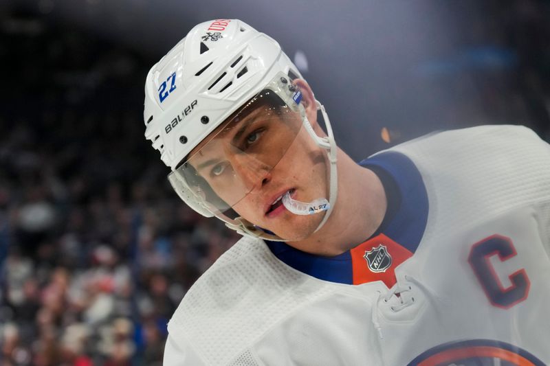 Apr 4, 2024; Columbus, Ohio, USA;  New York Islanders left wing Anders Lee (27) skates during a stop in play against the Columbus Blue Jackets in the second period at Nationwide Arena. Mandatory Credit: Aaron Doster-USA TODAY Sports