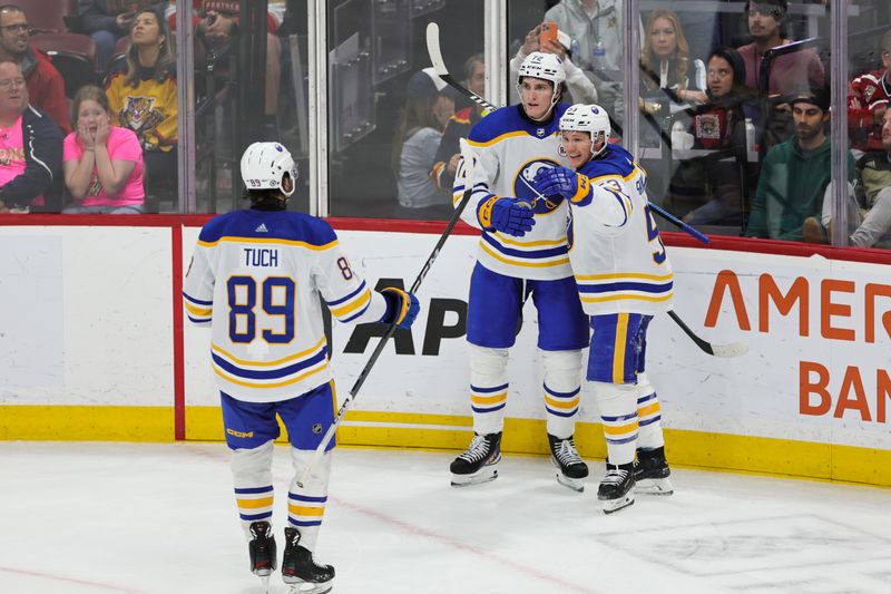 Feb 27, 2024; Sunrise, Florida, USA; Buffalo Sabres right wing Tage Thompson (72) celebrates with left wing Jeff Skinner (53) and right wing Alex Tuch (89) after scoring against the Florida Panthers during the third period at Amerant Bank Arena. Mandatory Credit: Sam Navarro-USA TODAY Sports