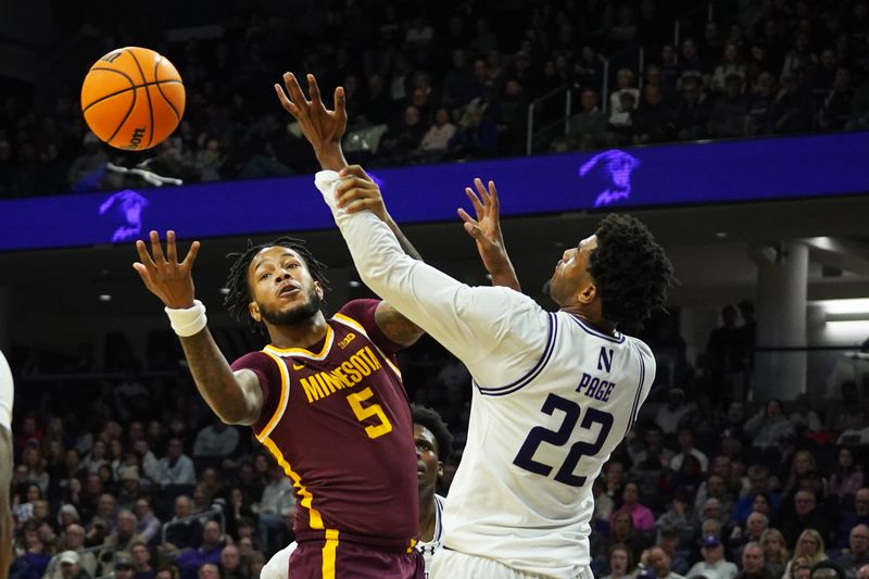 Jan 3, 2026; Evanston, Illinois, USA; Northwestern Wildcats forward Arrinten Page (22) defends Minnesota Golden Gophers forward Jaylen Crocker-Johnson (5) during the second half at Welsh-Ryan Arena. Mandatory Credit: David Banks-Imagn Images