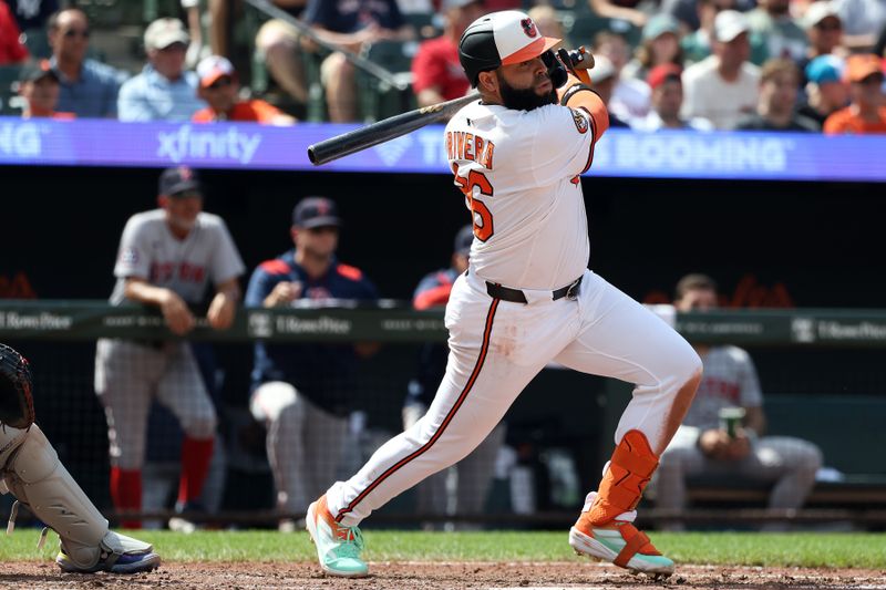 Aug 28, 2025; Baltimore, Maryland, USA; Baltimore Orioles third baseman Emmanuel Rivera (26) hits a single during the eighth inning against the Boston Red Sox at Oriole Park at Camden Yards. Mandatory Credit: Daniel Kucin Jr.-Imagn Images Aug 28, 2025; Baltimore, Maryland, USA; Baltimore Orioles third baseman Emmanuel Rivera (26) hits a single during the eighth inning against the Boston Red Sox at Oriole Park at Camden Yards. Mandatory Credit: Daniel Kucin Jr.-Imagn Images