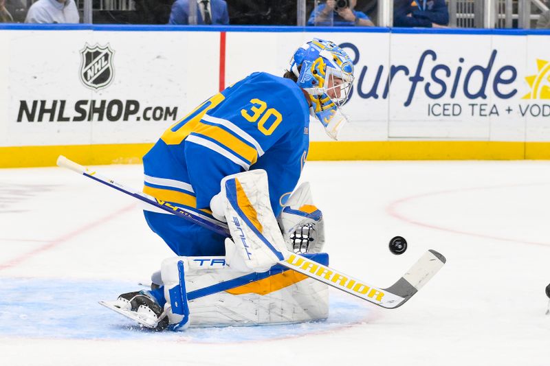 Nov 15, 2025; St. Louis, Missouri, USA; St. Louis Blues goaltender Joel Hofer (30) defends the net against the Vegas Golden Knights during the first period at Enterprise Center. Mandatory Credit: Jeff Curry-Imagn Images