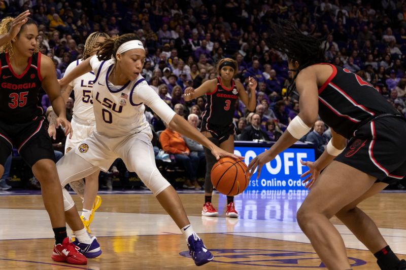 Feb 2, 2023; Baton Rouge, Louisiana, USA;  LSU Lady Tigers forward LaDazhia Williams (0) reaches for a loose ball against Georgia Lady Bulldogs forward Javyn Nicholson (35) during the second half at Pete Maravich Assembly Center. Mandatory Credit: Stephen Lew-USA TODAY Sports