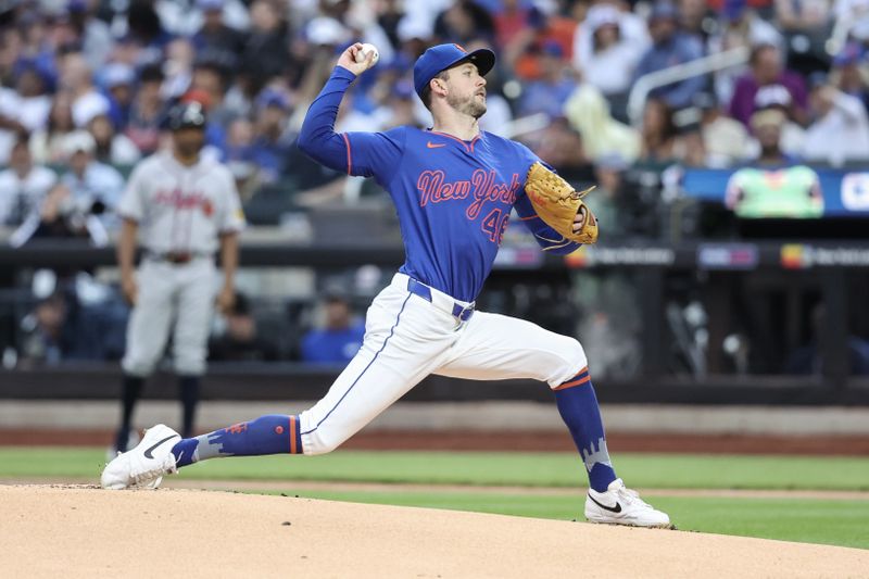 Jun 26, 2025; New York City, New York, USA;  New York Mets starting pitcher Griffin Canning (46) pitches in the first inning against the Atlanta Braves at Citi Field. Mandatory Credit: Wendell Cruz-Imagn Images
