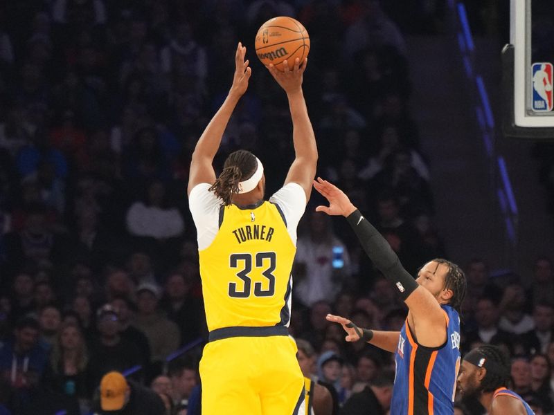 NEW YORK, NY - FEBRUARY 10: Myles Turner #33 of the Indiana Pacers shoots the ball during the game against the New York Knicks on February 10, 2024 at Madison Square Garden in New York City, New York.  NOTE TO USER: User expressly acknowledges and agrees that, by downloading and or using this photograph, User is consenting to the terms and conditions of the Getty Images License Agreement. Mandatory Copyright Notice: Copyright 2024 NBAE  (Photo by Jesse D. Garrabrant/NBAE via Getty Images)