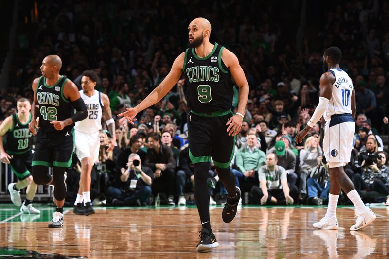 BOSTON, MA - MARCH 1: Derrick White #9 of the Boston Celtics celebrates during the game against the Dallas Mavericks on March 1, 2024 at the TD Garden in Boston, Massachusetts. NOTE TO USER: User expressly acknowledges and agrees that, by downloading and or using this photograph, User is consenting to the terms and conditions of the Getty Images License Agreement. Mandatory Copyright Notice: Copyright 2024 NBAE  (Photo by Brian Babineau/NBAE via Getty Images)