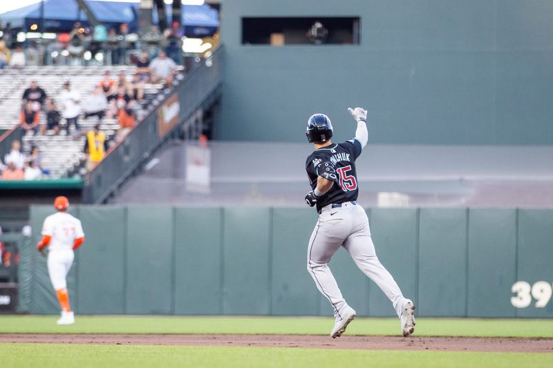 Sep 3, 2024; San Francisco, California, USA;  Arizona Diamondbacks left fielder Randal Grichuk (15) gestures as he runs the bases after hitting a two-run home run against the San Francisco Giants during the first inning at Oracle Park. Mandatory Credit: John Hefti-Imagn Images