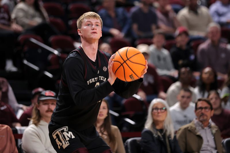 Dec 22, 2023; College Station, Texas, USA; Texas A&M Aggies guard Hayden Hefner (2) shoots a three-point shot against the Houston Christian Huskies during the first half at Reed Arena. Mandatory Credit: Erik Williams-USA TODAY Sports