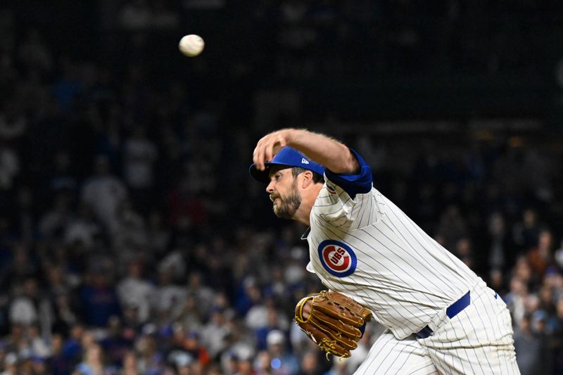 May 12, 2025; Chicago, Illinois, USA; Chicago Cubs pitcher Drew Pomeranz (45) delivers during the ninth inniing against the Miami Marlins at Wrigley Field. Mandatory Credit: Matt Marton-Imagn Images