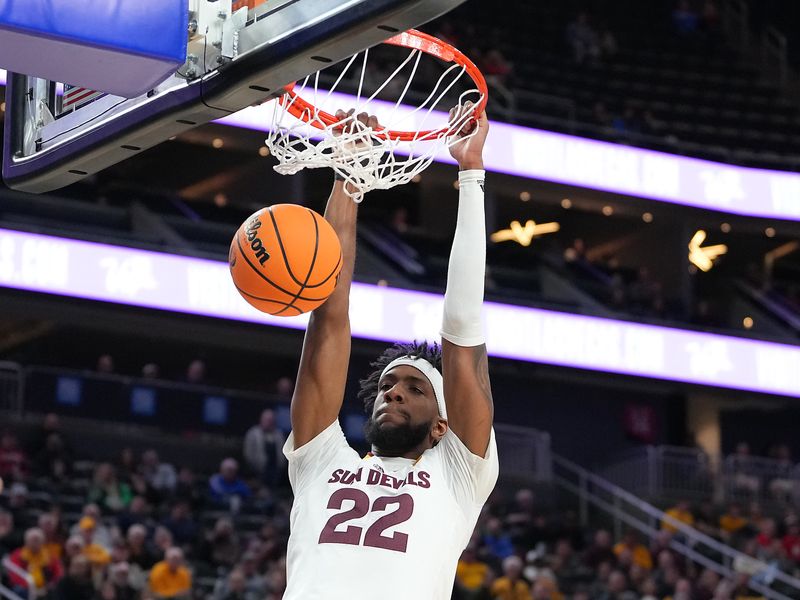 Mar 8, 2023; Las Vegas, NV, USA; Arizona State Sun Devils forward Warren Washington (22) dunks against the Oregon State Beavers during the first half at T-Mobile Arena. Mandatory Credit: Stephen R. Sylvanie-USA TODAY Sports