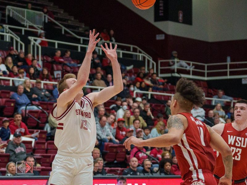 Feb 23, 2023; Stanford, California, USA;  Stanford Cardinal guard Michael Jones (13) cannot control the pass during a fast break while being defended by Washington State Cougars forward DJ Rodman (11) during the first half at Maples Pavilion. Mandatory Credit: Neville E. Guard-USA TODAY Sports