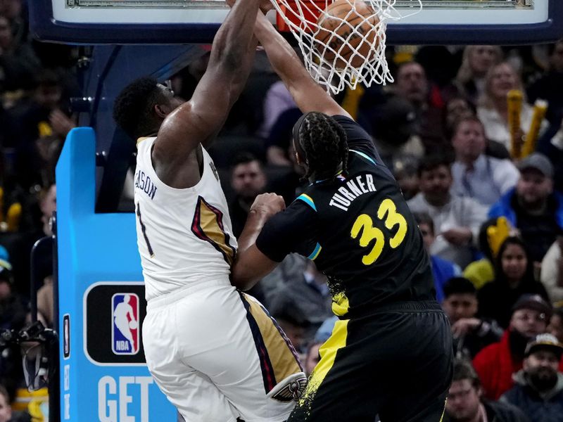 INDIANAPOLIS, INDIANA - FEBRUARY 28: Zion Williamson #1 of the New Orleans Pelicans dunks the ball over Myles Turner #33 of the Indiana Pacers in the second quarter at Gainbridge Fieldhouse on February 28, 2024 in Indianapolis, Indiana. NOTE TO USER: User expressly acknowledges and agrees that, by downloading and or using this photograph, User is consenting to the terms and conditions of the Getty Images License Agreement. (Photo by Dylan Buell/Getty Images)