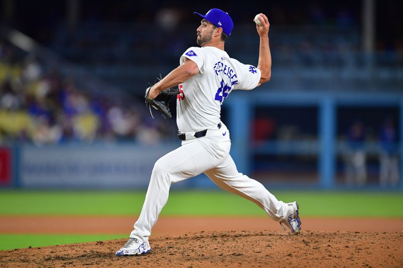 May 4, 2024; Los Angeles, California, USA; Los Angeles Dodgers pitcher J.P. Feyereisen (45) throws against the Atlanta Braves during the ninth inning at Dodger Stadium. Mandatory Credit: Gary A. Vasquez-USA TODAY Sports