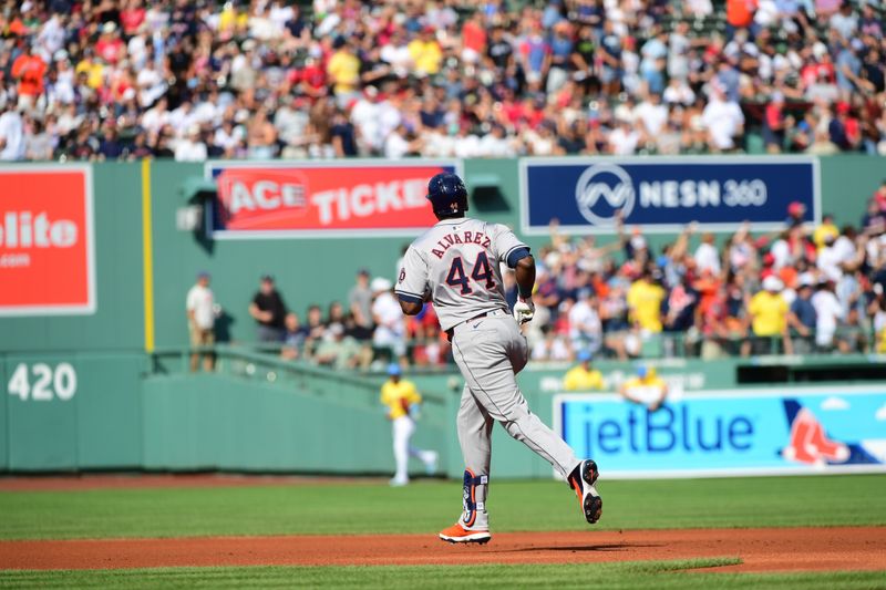 Aug 10, 2024; Boston, Massachusetts, USA; Houston Astros left fielder Yordan Alavarez (44) rounds the bases after hitting a home run during the first inning against the Boston Red Sox at Fenway Park. Mandatory Credit: Bob DeChiara-USA TODAY Sports