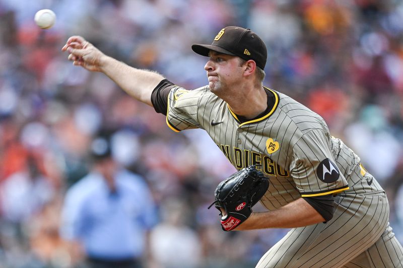Jul 27, 2024; Baltimore, Maryland, USA; San Diego Padres pitcher Michael King (34) throws a first inning pitch against the Baltimore Orioles  at Oriole Park at Camden Yards. Mandatory Credit: Tommy Gilligan-USA TODAY Sports