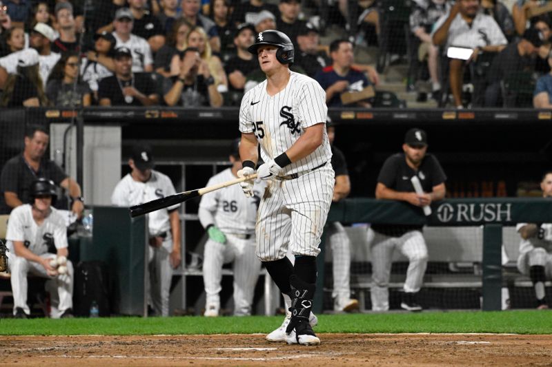 Sep 13, 2024; Chicago, Illinois, USA;  Chicago White Sox first base Andrew Vaughn (25) strikes out swinging during the sixth inning against the Oakland Athletics at Guaranteed Rate Field. Mandatory Credit: Matt Marton-Imagn Images