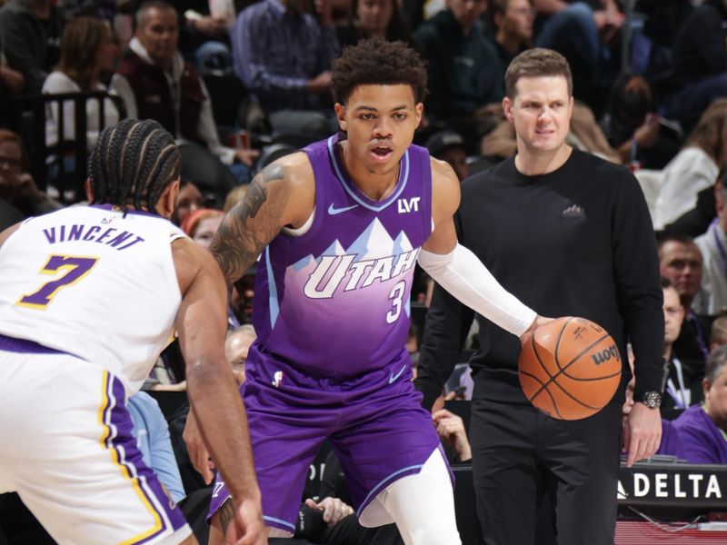 SALT LAKE CITY, UT - DECEMBER 1: Keyonte George #3 of the Utah Jazz dribbles the ball during the game against the Los Angeles Lakers on December 1, 2024 at Delta Center in Salt Lake City, Utah. NOTE TO USER: User expressly acknowledges and agrees that, by downloading and or using this Photograph, User is consenting to the terms and conditions of the Getty Images License Agreement. Mandatory Copyright Notice: Copyright 2024 NBAE (Photo by Melissa Majchrzak/NBAE via Getty Images)