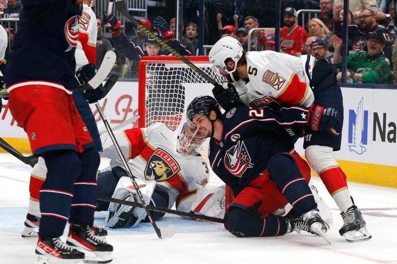 Oct 15, 2024; Columbus, Ohio, USA; Columbus Blue Jackets center Sean Monahan (23) celebrates his goal against the Florida Panthers during the second period at Nationwide Arena. Mandatory Credit: Russell LaBounty-Imagn Images