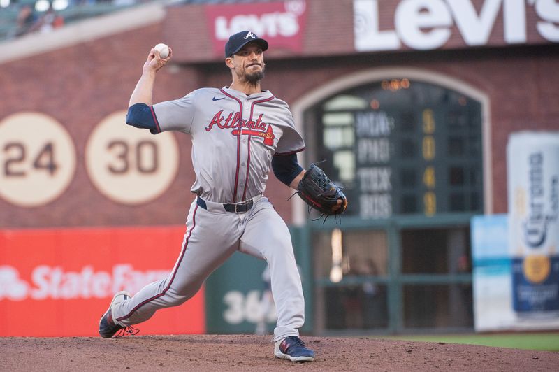 Aug 13, 2024; San Francisco, California, USA;  Atlanta Braves pitcher Charlie Morton (50) throws a pitch against the San Francisco Giants during the second inning at Oracle Park. Mandatory Credit: Ed Szczepanski-USA TODAY Sports